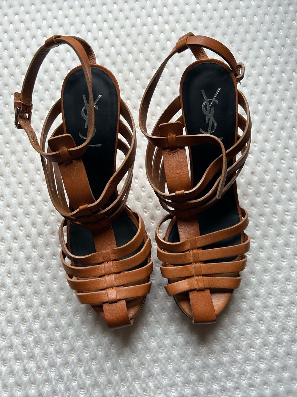 Saint Laurent Paris YSL Brown Leather Strappy Platform Sandals Heels 38.5
